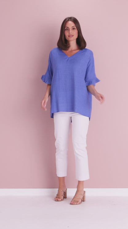 Farrah Linen V Neck Top - Blue