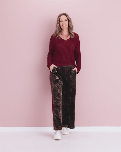 Velvet Wide Leg Luxe Track Pants - Leopard Print