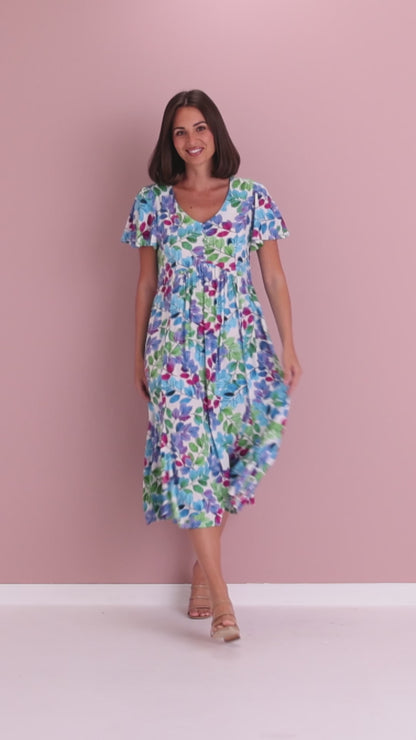 Brighton Dress - Aqua/Pink Leaf