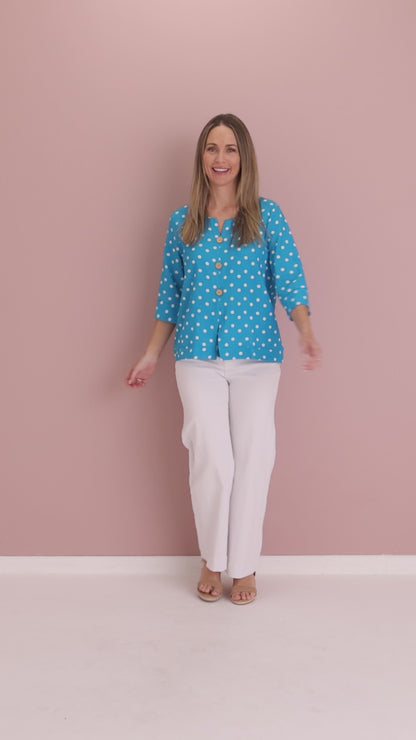 Mahri Linen Top - Bright Aqua/Spot