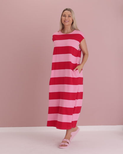 Jardin Stripe Cotton T-Shirt Dress - Garnet