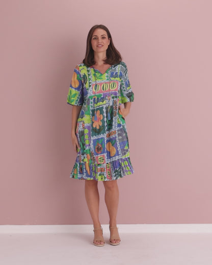 Charli Cotton Tassel Tie Dress - Fruit Cocktail Collage
