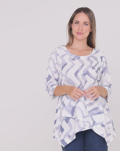 Esther Linen Top - Blue/White Print
