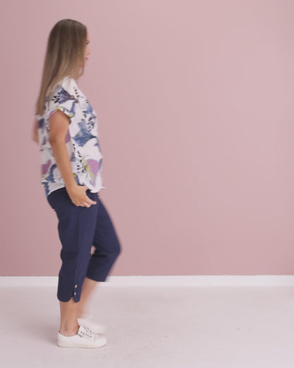 Gemma Linen & Cotton Top - White/Blue Floral