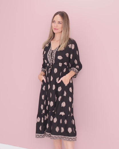 Ainsley Dress - Black/Bronze Flourish