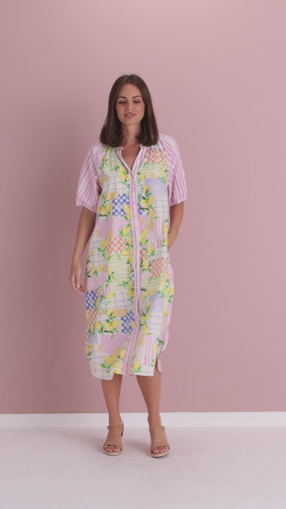 Citron Cotton Shirt Dress - Lemon/Pink Stripe Splice