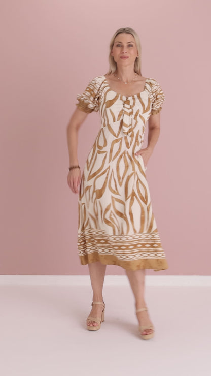 Adelina Puff Sleeve Dress - Sand Botanical