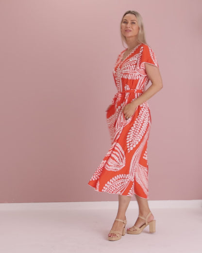 Josie Flutter Sleeve Dress - Orange/White Spot Leaf