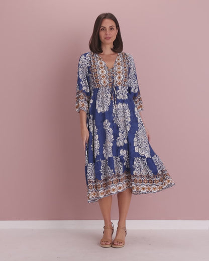 Ainsley Dress - Blue Jacobean
