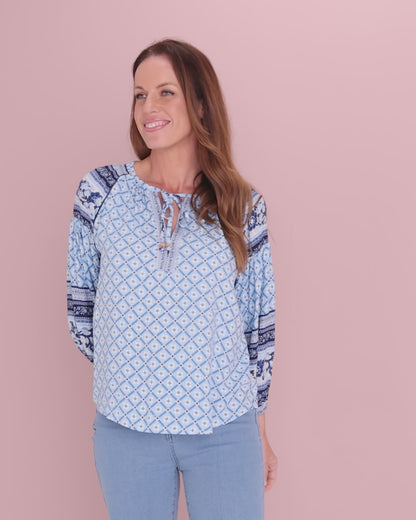Marbella Tie Neck Blouse – Blue Mosaic