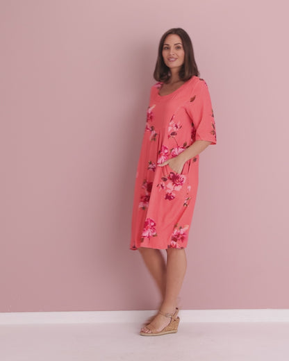 Delphi Pleat Dress - Coral Floral