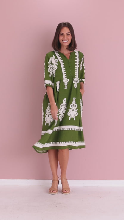 Zalara Dress - Olive/Ivory