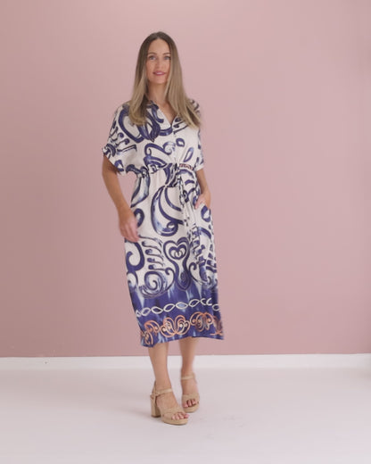 Delphine Shirt Dress - Blue Scroll