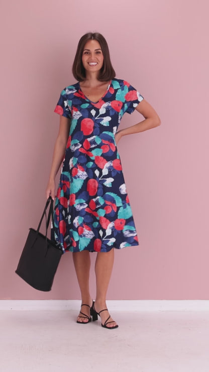 Christobel Dress - Aqua/Coral Leaves