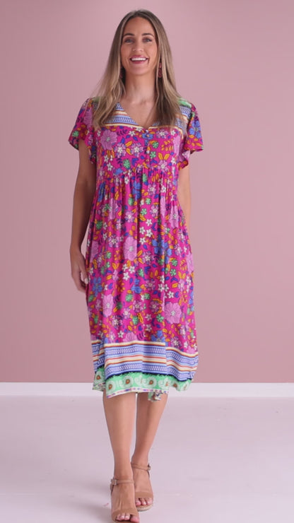 Malia Flounce Dress - Fushia