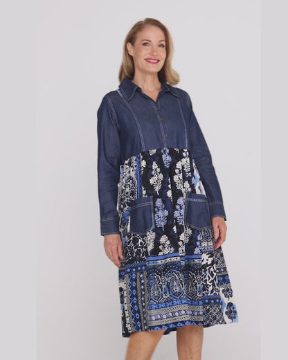 Bhadoi Denim Dress - Indigo Print