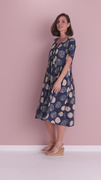 Elora Dress - Navy/Beige Spot