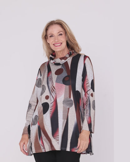 Lina Cowl Knit Tunic - Brown Abstract