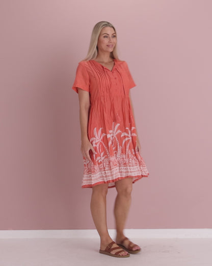 Connie Cotton Dress - Coral Border