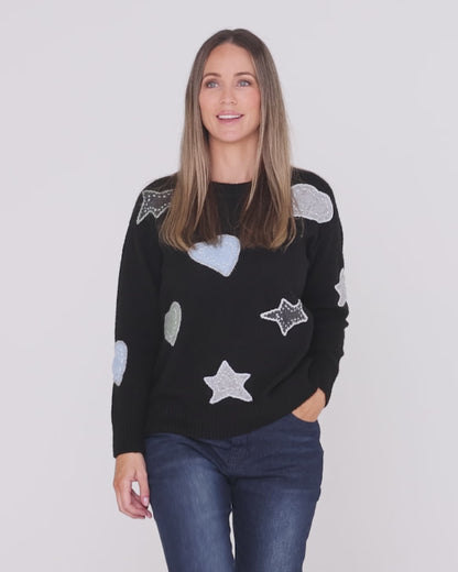 Brodie Applique Knit Crew Pullover - Black