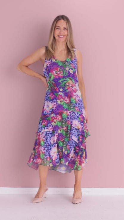 Georgette Digital Print Tiered Dress - Sapphire Blooms