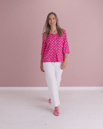 Mahri Linen Top - Hot Pink/Spot