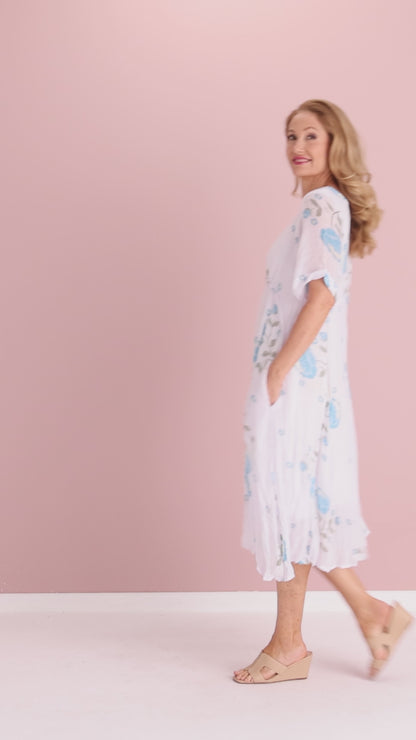 Waterhouse Dress - White/Teal Artisan Floral