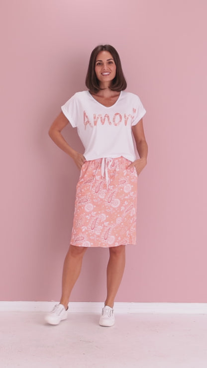 Printed Crushed Drawstring Skirt - Peach Paisley