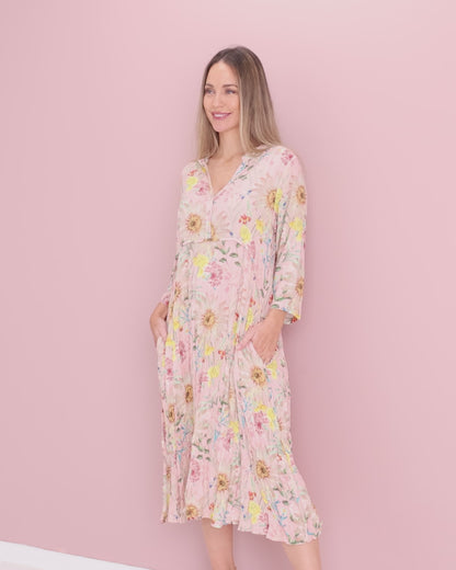 Newark 3/4 Sleeve Dress - Peach Wildflowers