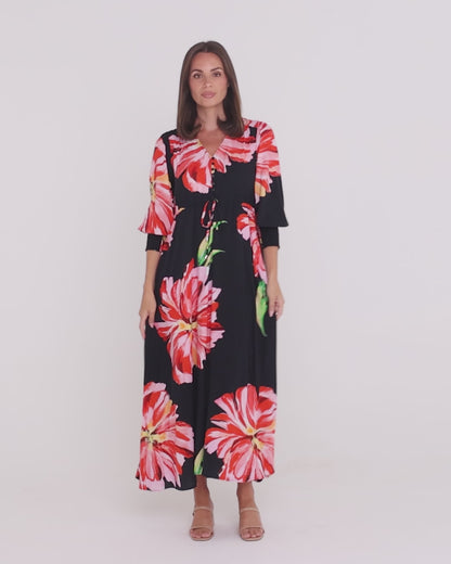 Ann Maxi Dress - Black/Red Hibiscus