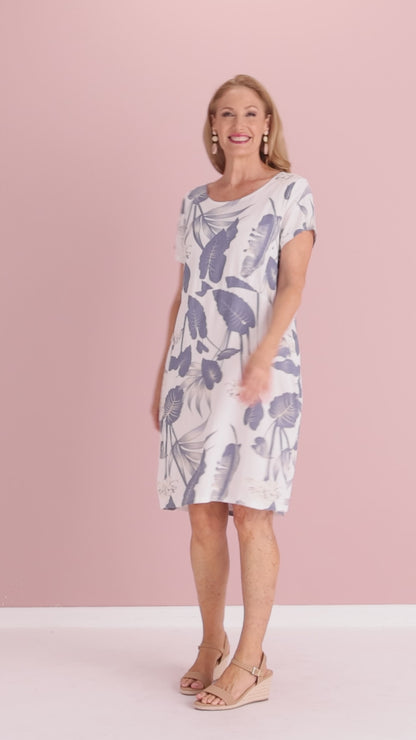 Shaila Dress – White/Denim Botanical