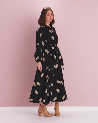 Jaycee Dress - Black/Gold Embroided Leaf