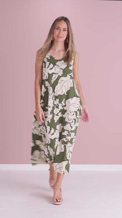 Sienna Sleeveless Midi Dress - Olive Botanical