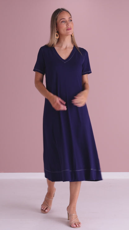 Short Sleeve Contrast Stitch Dress - Navy