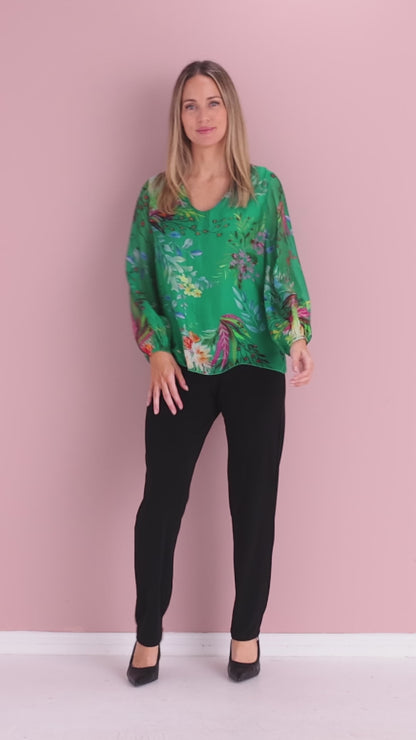 Sierra Long Sleeve Silk Top -  Emerald Botanical