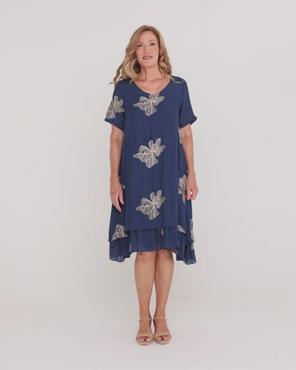 Yasmin Embroidered Dress - Navy/Gold