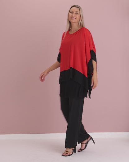Gilliana Chiffon Kimono Top - Coral Red/Black