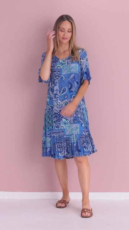 Jessica Sleeved Dress - Paisley Blue Patchwork