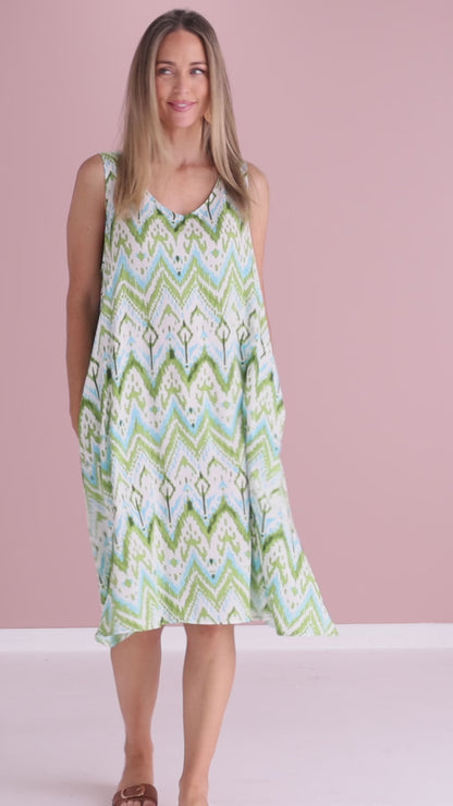 Sienna Sleeveless Petite Length Dress - Green/Aqua Ikat