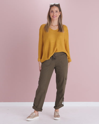 Issy Linen Blend Cargo Pants- Khaki