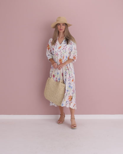 Marisel Dress - White Watercolour Jacobean