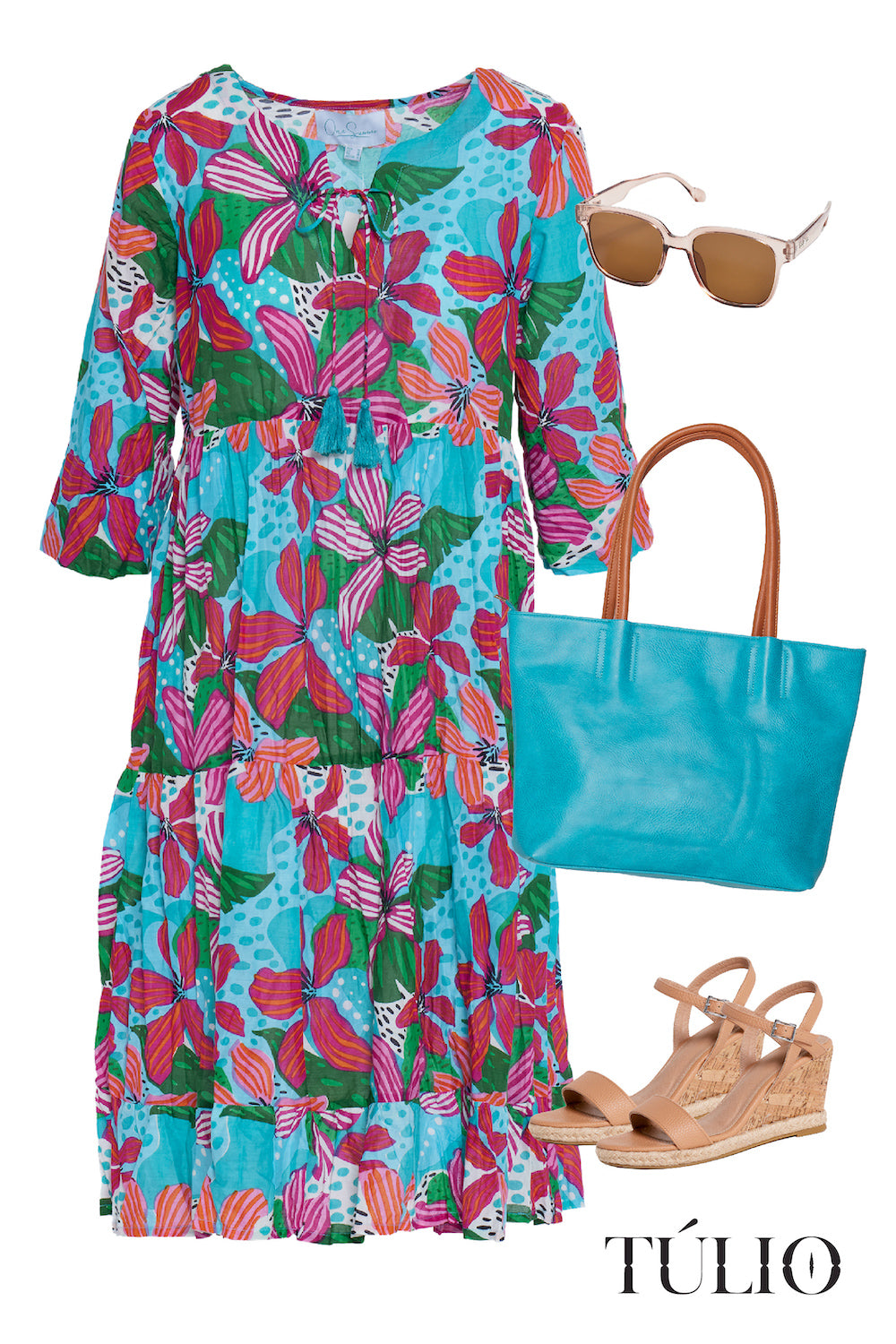 Rebecca Tie Neck Dress - Tropical Turquoise