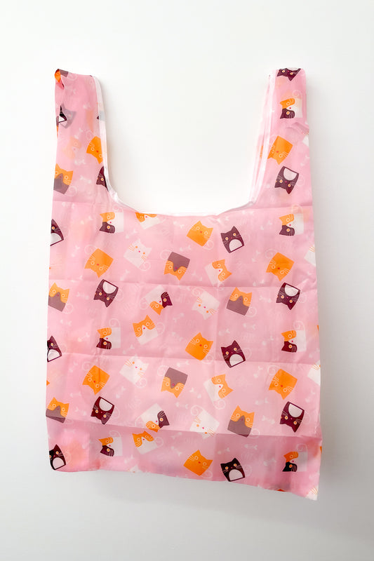 Small Reusable Shopping Bag - Pink Cats