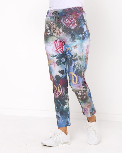 Everlee Pants - Blue Pink Roses