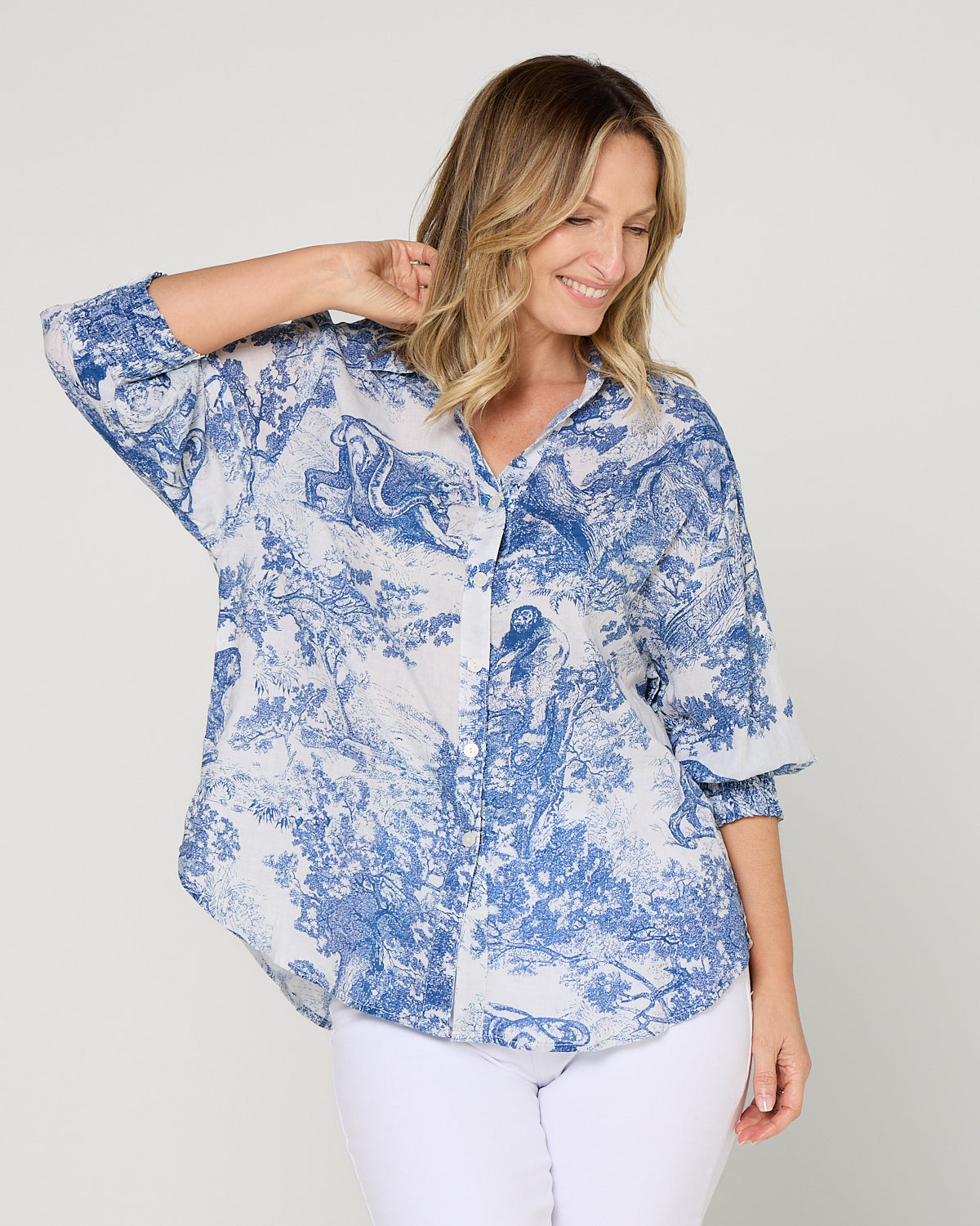 Cora Printed Blouse - French Blue: styled view