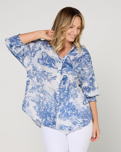 Cora Printed Blouse - French Blue: styled view