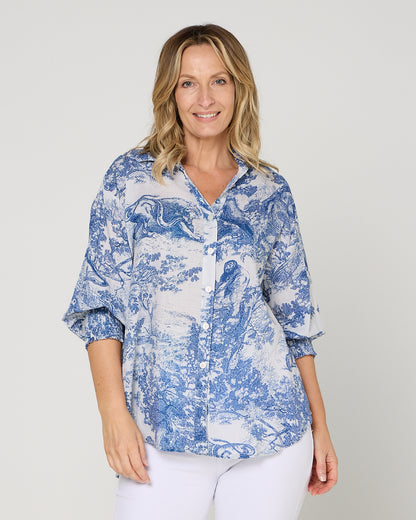 Cora Printed Blouse - French Blue: styled view