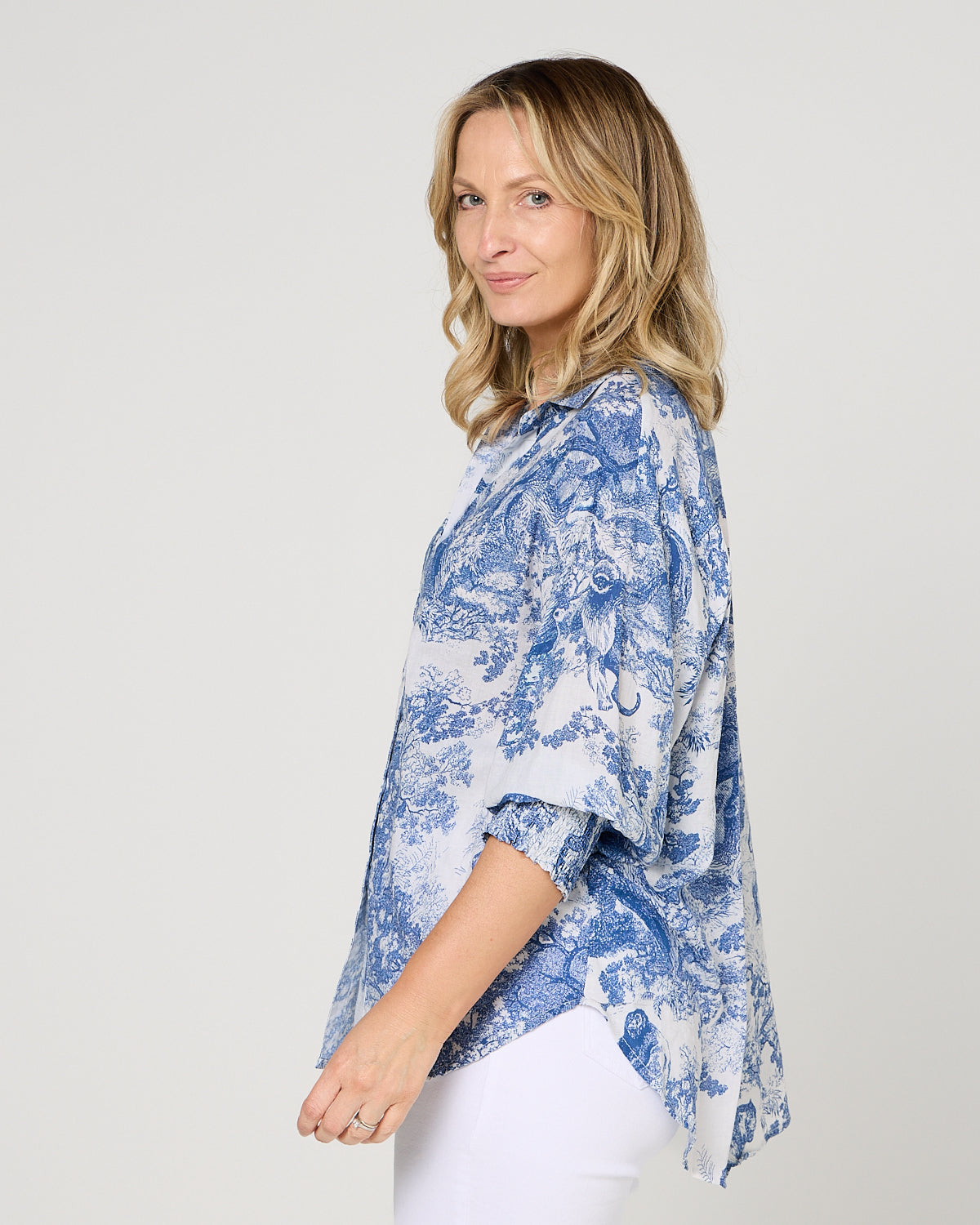 Cora Printed Blouse - French Blue: styled view