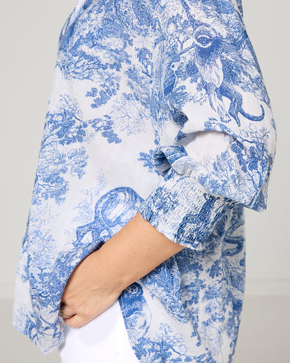 Cora Printed Blouse - French Blue: styled view
