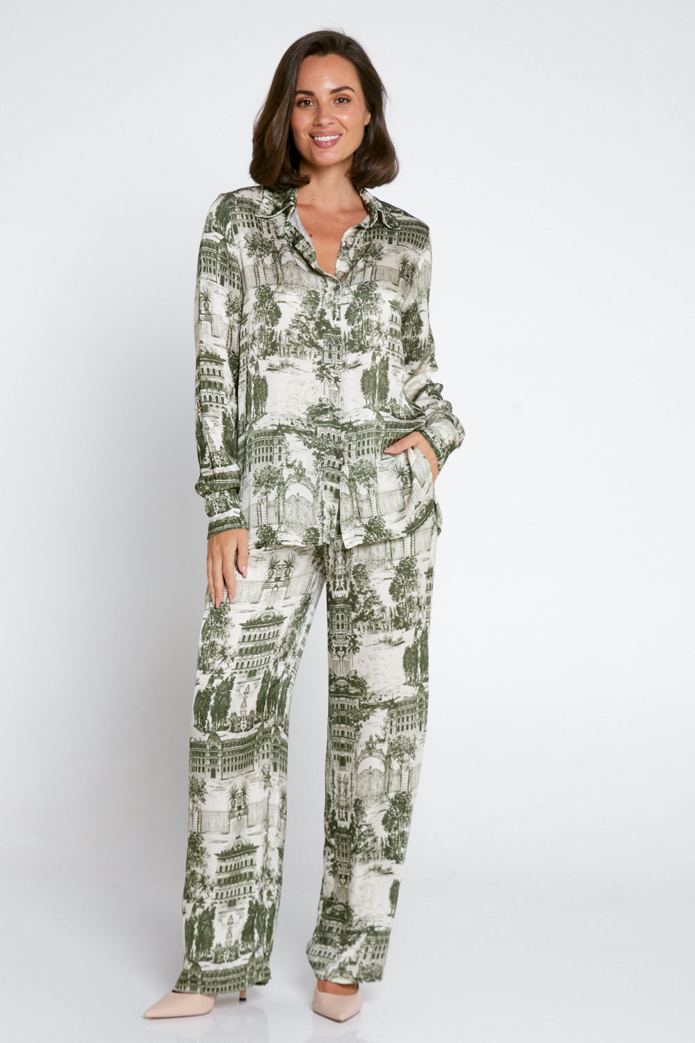 Dimitra Satin Pants - Green Print
